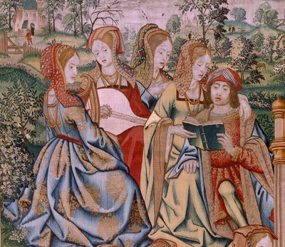 Tapeçaria flamenga. Série A História de David e Bathsheba. Bathseba no seu banho (Betsabé en el baño sorprendida por David). Primeiro painel da série. Modelo Anónimo. Fabrico Desconhecido, Bruxelas de Flemish School