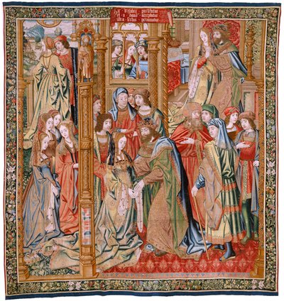 Tapeçaria flamenga. Série A História de David e Bathsheba. Casamento de David e Bathsheba (Casamiento de David y Betsabé). Segundo painel da série. Modelo Anónimo. Fabrico Desconhecido, Bruxelas. 1505. Tecido Ouro, seda e lã. de Flemish School