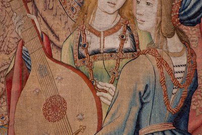 Tapeçaria flamenga. Série A História de David e Bathsheba. O Profeta Nathan repreende o Rei David (El profeta Natán reprende a David). Terceiro painel da série. Modelo Anónimo. Manufactura Desconhecida, Bruxelas. 1505. Tecido Ouro, seda e lã. de Flemish School