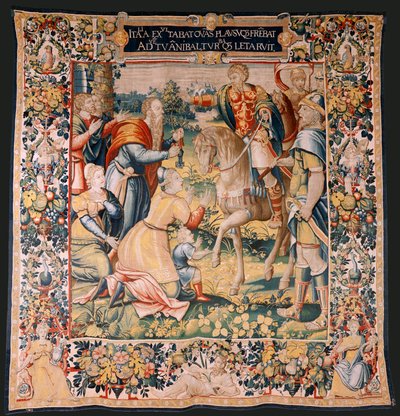 tapeçaria flamenga. Série A História de Hannibal. Hannibal na Itália (Aníbal en Italia). Terceira tapeçaria dos preservados. Modelos mestre anônimo da Holanda. Fabricação de Bruxelas, oficina. Ca 1570. Tecido Lã e seda. 6,5/7 teias por cm. Tamanho de Flemish School