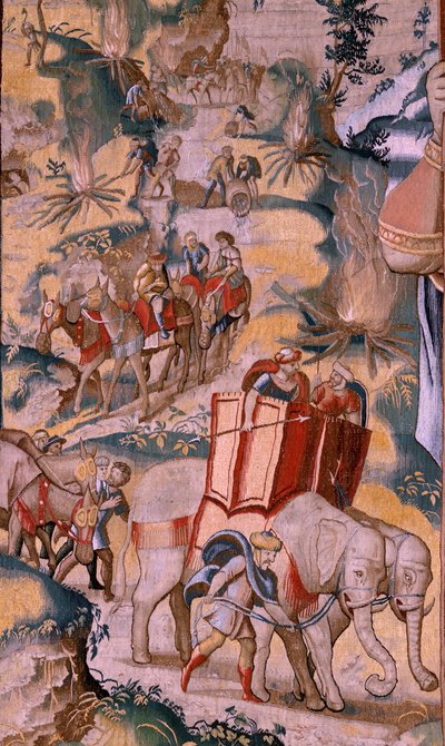 Tapeçaria flamenga. Série A História de Hannibal. A travessia dos Alpes (Paso de los Alpes). A segunda tapeçaria dos preservados. Modelos Anónimos mestre dos Países Baixos. Fabrico de Bruxelas, oficina. Ca 1570. Tecido Lã e seda, 6,5/7 urdiduras por de Flemish School
