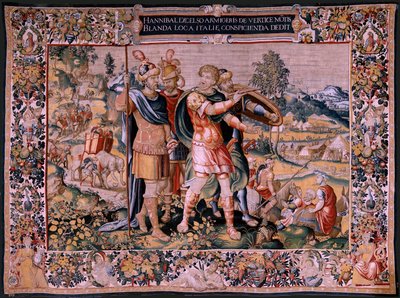 Tapeçaria flamenga. Série A História de Hannibal. A travessia dos Alpes (Paso de los Alpes). A segunda tapeçaria dos preservados. Modelos Anónimos mestre dos Países Baixos. Fabrico de Bruxelas, oficina. Ca 1570. Tecido Lã e seda, 6,5/7 urdiduras por de Flemish School