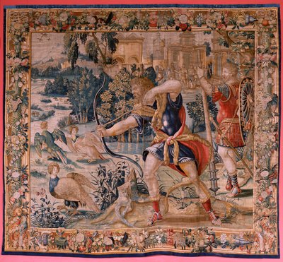 Tapeçaria flamenga. Série The Labours of Hercules. Hércules and the Stymphalian birds (Hércules y las aves del lago Estínfalo). A primeira tapeçaria da série existente. Modelo Desconhecido. Fabrico Willem Dermoyen, Bruxelas. Ca 1528. Tecido Seda e lã. ; Ta de Flemish School