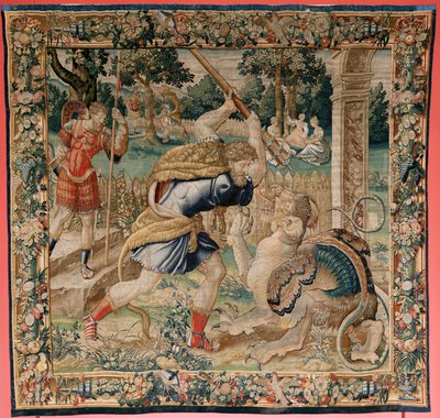 Tapeçaria flamenga. Série The Labours of Hercules. Hércules in the Garden of the Hesperides (Hércules en el jardín de las Hespérides). Quinta tapeçaria na série existente. Modelo Desconhecido. Fabrico Willem Dermoyen, Bruxelas. Ca 1528. Seda de tecido e lã de Flemish School