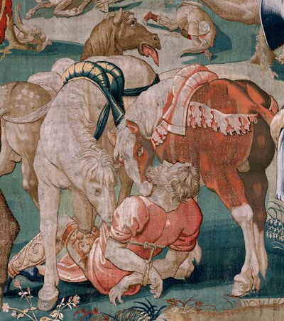 tapeçaria flamenga. Série Os Trabalhos de Hércules. Os Cavalos de Diomedes (Los caballos de Diomedes). Terceira tapeçaria da série existente. Modelo Desconhecido. Manufatura Willem Dermoyen, Bruxelas. Ca1528. Tecido Seda e lã. Tamanho 350 x 400 cm. Localiz de Flemish School
