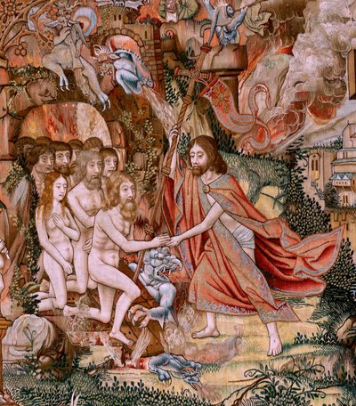 Tapeçaria flamenga. Série A Paixão de Cristo. A Descendência da Cruz (Descendimiento). A segunda série de tapeçaria da Paixão de Cristo pertencente ao Patrimonio Nacional. Modelos cartoonistas do círculo de Jan van Roome. Fabrico Pieter va de Flemish School