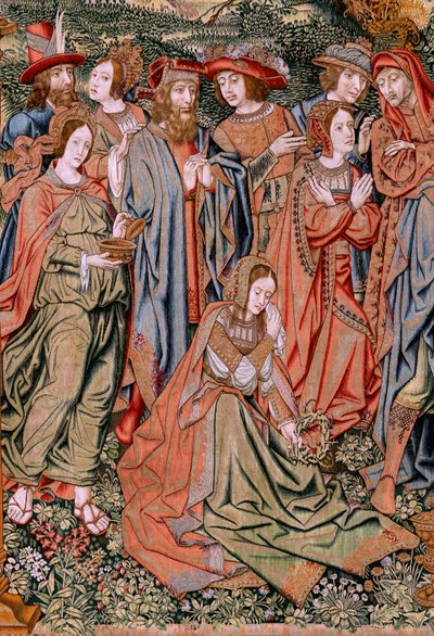 Tapeçaria flamenga. Série A Paixão de Cristo. A Descendência da Cruz (Descendimiento). A segunda série de tapeçaria da Paixão de Cristo pertencente ao Patrimonio Nacional. Modelos cartoonistas do círculo de Jan van Roome. Fabrico Pieter va de Flemish School