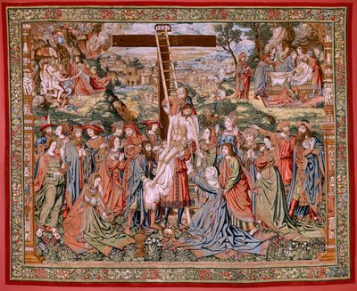 tapeçaria flamenga. Série A Paixão de Cristo. A Descida da Cruz (Descendimiento). A segunda série de tapeçaria da Paixão de Cristo pertencente ao Patrimonio Nacional. Cartunistas modelo do círculo de Jan van Roome. Fabricação Pieter va de Flemish School