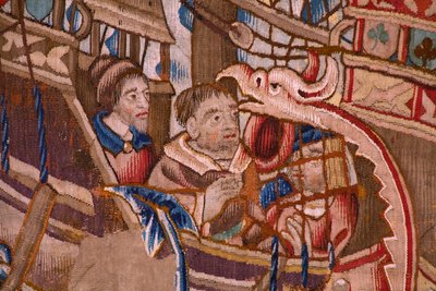 Tapeçaria flamenga. Série The Portugese in india: A Chegada a Calicut (De Aankomst em Calicut, Llegado de Vasco de Gama a Lisboa). Ca 1510. Colecção Caixa Geral de Depósitos, Lisboa. Detalhe. de Flemish School