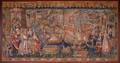 Tapeçaria flamenga. Série The Portugese in india: A Chegada a Calicut (De Aankomst em Calicut, Llegado de Vasco de Gama a Lisboa). Ca 1510. Colecção Caixa Geral de Depósitos, Lisboa. de Flemish School