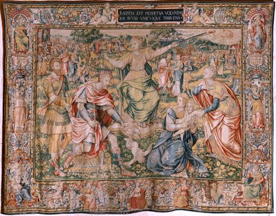 Tapeçaria flamenga. Série As Sete Virtudes. Justiça (La Justicia). Modelo baseado em Michiel Coxcie. Fabrico em Bruxelas. Fabrico por Frans Geubels. Ca 1560-1570. Seda de tecido e lã. Tamanho 330 x 450 cm. Localização Catedral de Burgos. Origem Um legado a de Flemish School