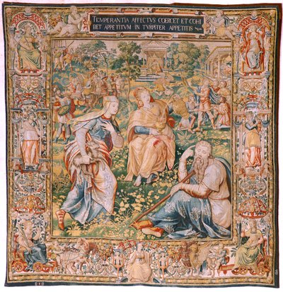 tapeçaria flamenga. Série As Sete Virtudes. Temperança (La Templanza). Modelo baseado em Michiel Coxcie. Fabricação Bruxelas. Fabricação por Frans Geubels. Ca1560-1570. Tecido Seda e lã. Tamanho 330 x 320 cm. Localização Catedral de Burgos. Origem A legado de Flemish School