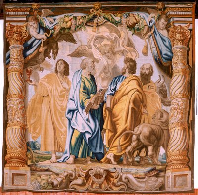Tapeçaria flamenga. Série O Triunfo da Eucaristia. Os quatro evangelistas (Los cuatro evangelistas). A décima primeira tapeçaria da série. O modelo Peter Paul Rubens. 1626-1628. Fabricação Jan II Raes, Hans Vervoert, Jacques Fobert, Bruxelas de Flemish School