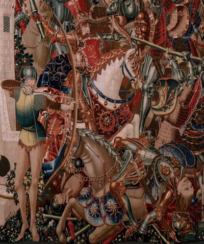 Tapeçaria flamenga. Série Desconhecida. História romana? Tarquinius Priscus (Tarquino Prisco). Fabrico de oficinas de Bruxelas... Ca 1475. Lã e seda de tecido, 6 urdiduras por cm. Origem Uma doação do Conde Alba de Aliste, chegou à catedral em 1608. ; Loca de Flemish School