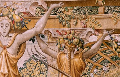 tapeçaria flamenga. Série Vertumnus e Pomona. No II Vertumnus transformado em agricultor (Vertumno y Pomona II Vertumno transformado em agricultor) no1 parte esquerda. Modelos Circle de Pieter Coecke Van Aelst e Léonard Thiry. Atelier desconhecido, Bruxela de Flemish School