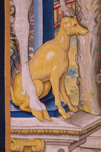tapeçaria flamenga. Série Vertumnus e Pomona: Vertumnus transformado em agricultor (Vertumnus como agricultor, Vertumno transformado e agricultor). Estúdio Willem de Pannemaker. cerca de 1545-1550. Detalhe. de Flemish School