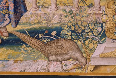 tapeçaria flamenga. Série Vertumnus e Pomona: Vertumnus transformado em agricultor (Vertumnus como agricultor, Vertumno transformado e agricultor). Estúdio Willem de Pannemaker. cerca de 1545-1550. Detalhe. de Flemish School