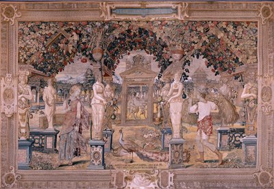 Tapeçaria flamenga. Série Vertumnus e Pomona. Vertumno transformado em colhedora (Vertumno transformado em segador). Primeira tapeçaria da série. Modelo Círculo de Pieter Coeck van Aelst. ; Fabrico Wilhelm Pannemaker, Bruxelas. Ca 1545-1550. Tecido de Flemish School