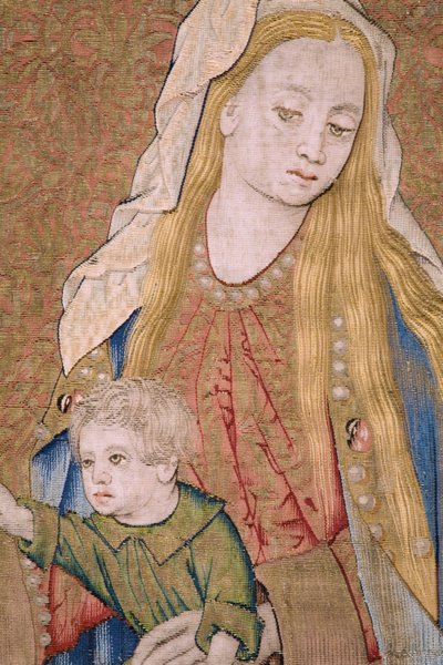 tapeçaria flamenga. A Virgem com o Menino e os anjos (A Virgem com o Menino e um Anjo, Maria conheceu Kind in engelen). Aproximadamente de Flemish School