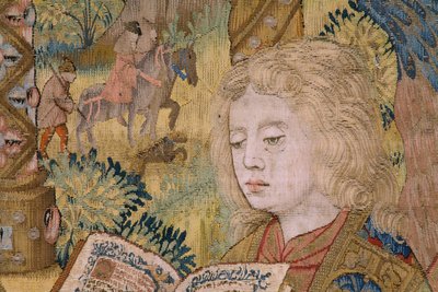 tapeçaria flamenga. A Virgem com o Menino e os anjos (A Virgem com o Menino e um Anjo, Maria conheceu Kind in engelen). Aproximadamente de Flemish School