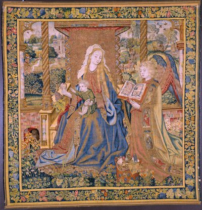 tapeçaria flamenga. A Virgem com o Menino e os anjos (A Virgem com o Menino e um Anjo, Maria conheceu Kind in engelen). Aproximadamente de Flemish School