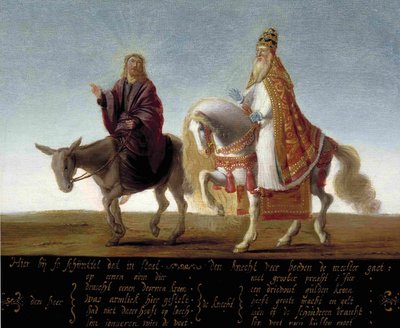 ""Jesus representado em um burro ao lado do papa ricamente vestido em um cavalo"" Caricatura luterana contra o papa - pintura anônima de Flemish School