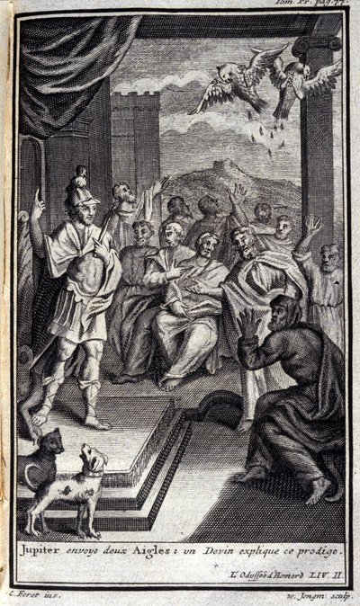 Júpiter envia duas águias: uma chupeta explica este prodígio. Lustração pelo livro II da Odisseia de Homero, na Odisseia, publicado em Amsterdã em 1731, Coleção privee Milan. de Flemish School