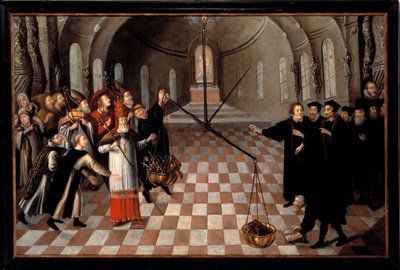 ""A pesagem das religiões"" Caricatura luterana contra a religião católica, representada à esquerda, opulenta colocando sua riqueza na balança, mas derrotada pela fé protestante à direita cuja única Bíblia pesa mais - Pintura anônima de Flemish School