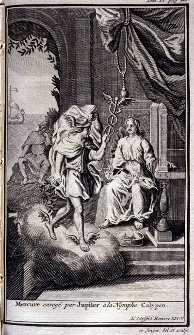 Mercúrio enviado por Júpiter para a ninfa Calipso. Ilustração do livro V da Odisseia de Homero, na Odisseia, publicado em Amsterdã em 1731, Coleção privee Milan. de Flemish School