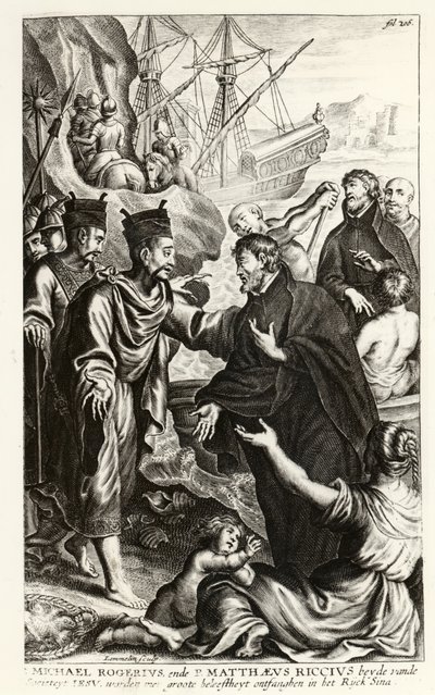 Michael Rogerius (1543-1607) e Matthaeus Riccius (1552-1610) chegando na costa da China, ilustração de uma história da Igreja por P. Cornelius Hazart, publicada em Antuérpia, 1668 de Flemish School