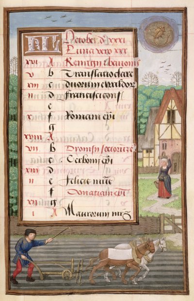 Ms 1058-1975 f10r arando com dois cavalos, página de calendário iluminado para outubro, de um livro de horas, c.1500 de Flemish School