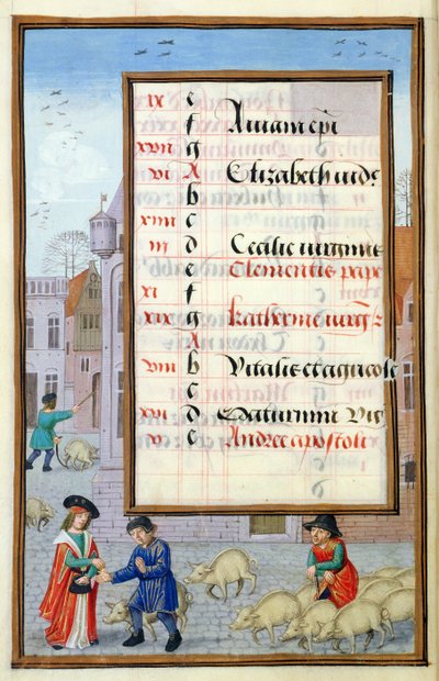 Ms 1058-1975 f11v Vendendo Porcos no Mercado, iluminada página de calendário para novembro, a partir de um livro de horas, c.1500 de Flemish School