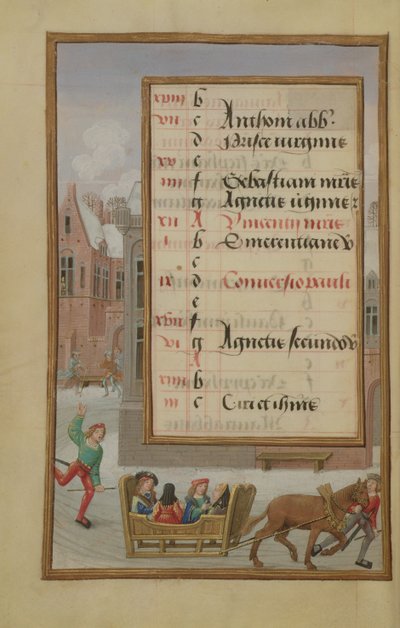 Ms 1058-1975 f1v Street Cena na neve, página do calendário iluminado para janeiro, a partir de um livro de horas, c.1500 de Flemish School