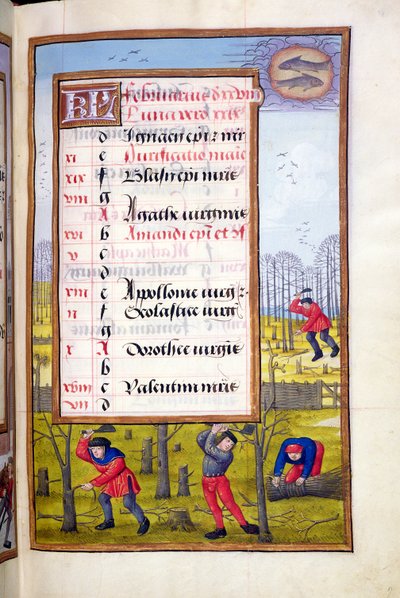 Ms 1058-1975 f2r Árvores de corte e feixes de ligação, página iluminada para fevereiro, de um livro de horas, c.1500 de Flemish School