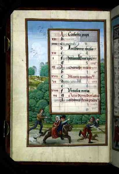 Ms 1058-1975 f4v A Master and his Lady Ride with the Hunt, página iluminada do calendário de Abril, de um Livro de Horas, c.1500 (vellum) de Flemish School
