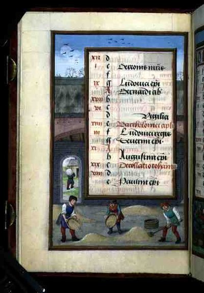 Ms 1058-1975 f8v Winnowing Corn in a Barn, página de calendário iluminada para Agosto, de um Livro de Horas, c.1500 (vellum) de Flemish School