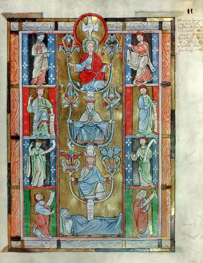 MS 340 fol.11r A árvore de Jesse, as virtudes da Santa Cruz por Rabanaus M. (c.780-856) de Abbey Anehin de Flemish School