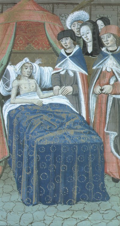 Sra. Hunter 9 f.76r Paciente na cama com dois médicos, de De Medina Fen I. II, de Avicena (980-1037) de Flemish School
