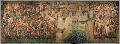 Museu Paroquial de tapeçarias (Museo Parroquial de Tapices de Pastrana). Tapeçaria flamenga. Conquista de Tanger (Toma de Tánger, De inname van Tanger). Série Conquistas de Alfonso I de Portugal (Conquistas de Alfonso V de Portugal). Tournai. Lã e seda de Flemish School