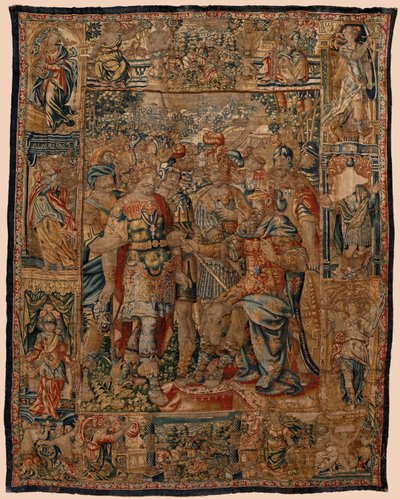 Museu Paroquial de tapeçarias (Museo Parroquial de Tapices de Pastrana). Tapeçaria flamenga. O jovem Alexandre ao seu pai Filip (El joven Alejandro ante su padre Filipo). Bruxelas. Século XVI. 328x407cm. de Flemish School