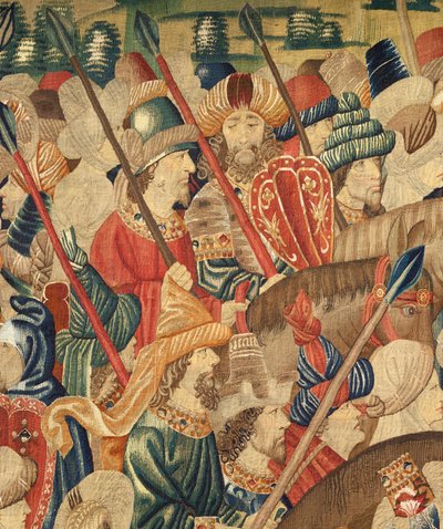Museu Paroquial das Tapeçarias (Museu Paroquial das Tapeçarias de Pastrana). tapeçaria flamenga. Conquista de Tânger (Tomada de Tânger, De inname van Tanger). Série Conquistas do rei Afonso I de Portugal. Tournai. Detalhe. Lã de Flemish School