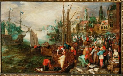 Porto e mercado de Antuérpia (óleo sobre madeira de carvalho) de Flemish School