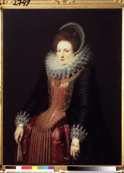 "Retrato de uma senhora com um leque, uma senhora de condição rica, vestindo um morango e um vestido bordado. Pintura da escola flamenga por volta de 1610. Museu Pushkin, Moscovo de Flemish School