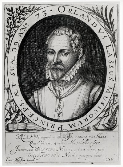 Retrato de Roland de Lassus (1532-94) (gravura) (foto bw) de Flemish School
