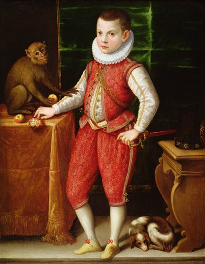 Retrato de um jovem nobre com um macaco e um cão, c.1615 de Flemish School
