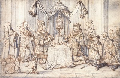 Retratos do Imperador Maximiliano I, sua esposa, filha, filho e outros na Capela Sagrada em Dijon, c.1600 de Flemish School