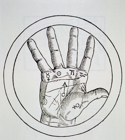 Posição dos Planetas na Mão Direita, cópia de uma ilustração de De Occulta Philosophia Libri III, de Henricus Cornelius Agrippa, Antuérpia, 1533, usada em uma História da Magia, publicada no final do século XIX. de Flemish School