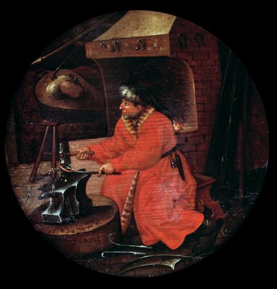 Representação de um artesão ferreiro no seu ferreiro a golpear uma haste de metal numa bigorna. Pintura da escola flamenga. Século XVI. de Flemish School