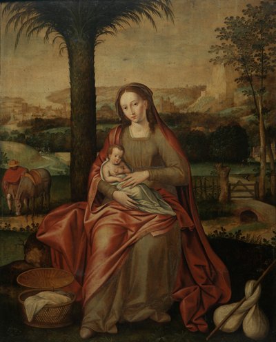 Descansar no voo para o Egipto (óleo no painel) de Flemish School