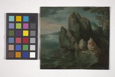 Paisagem marítima com um penhasco alto (óleo sobre cobre) de Flemish School